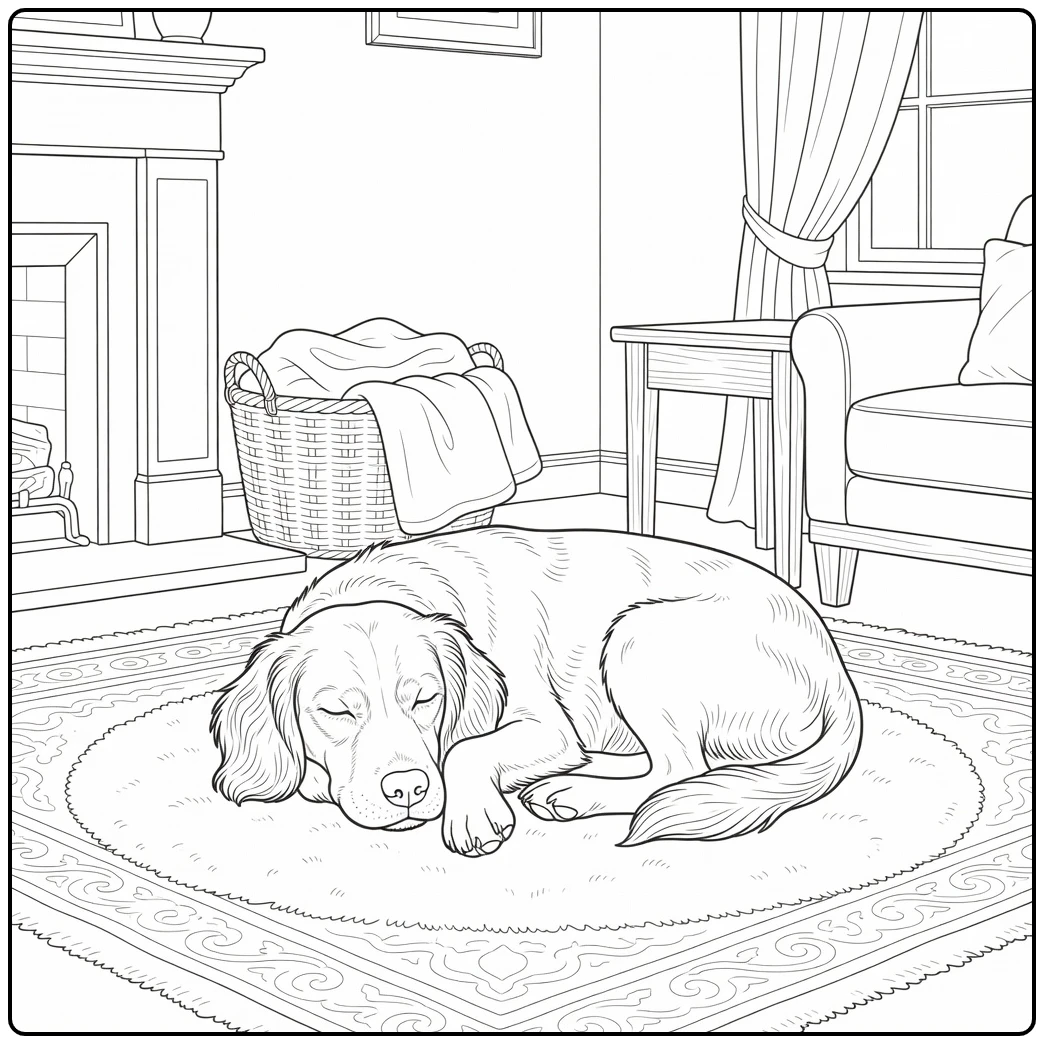 Brittany spaniel coloring page: dog curled by fireplace