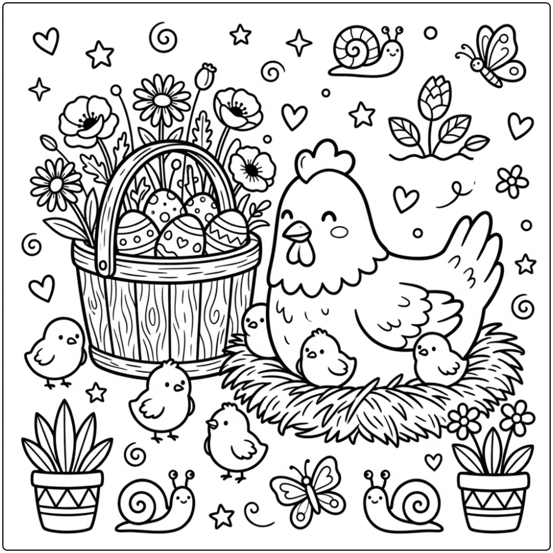 Cute hen in a nest Chicken coloring page with eggs and flowers.