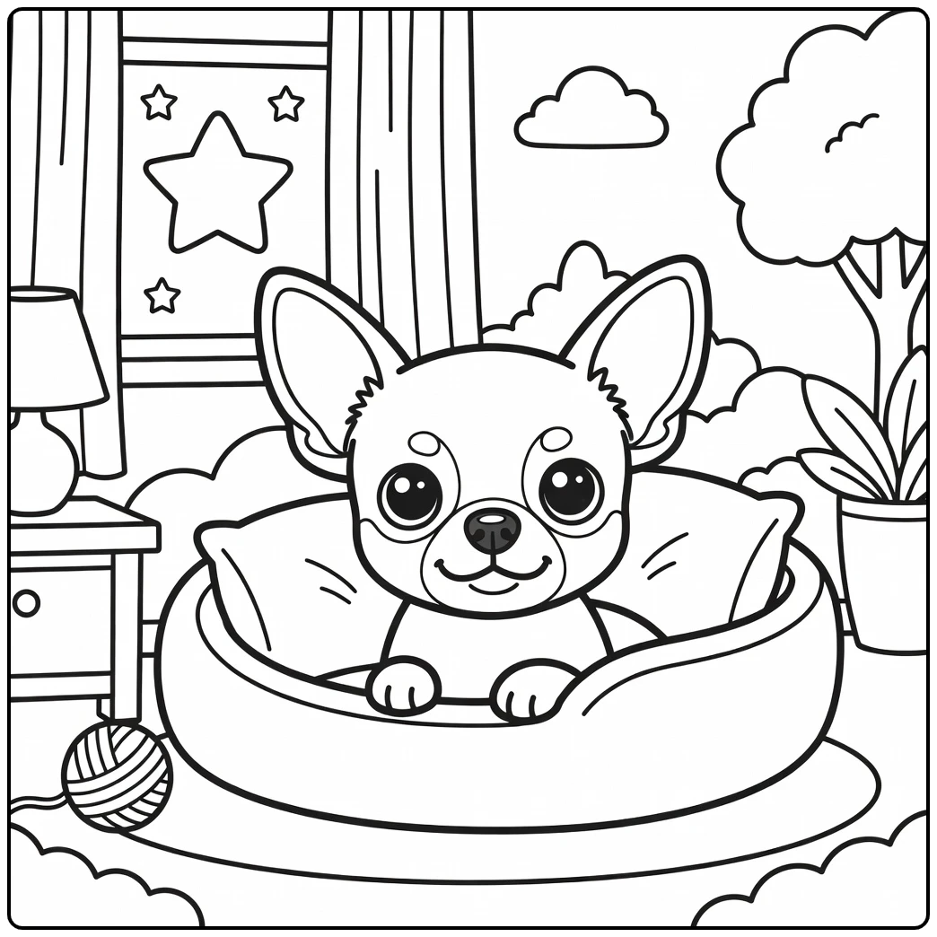 A cute Chihuahua dog face coloring page in a cozy bedroom.