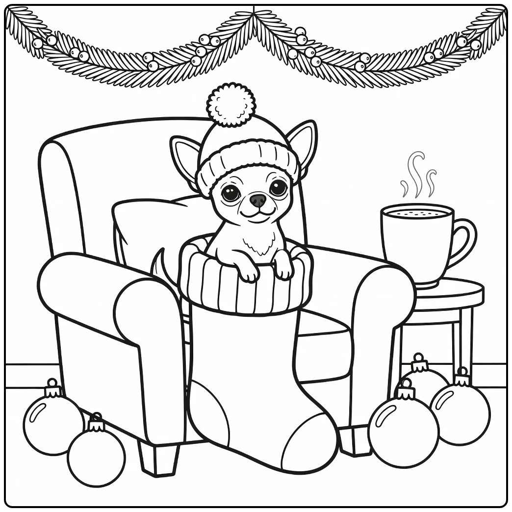 Chihuahua in a stocking: adorable christmas dog coloring page fun.