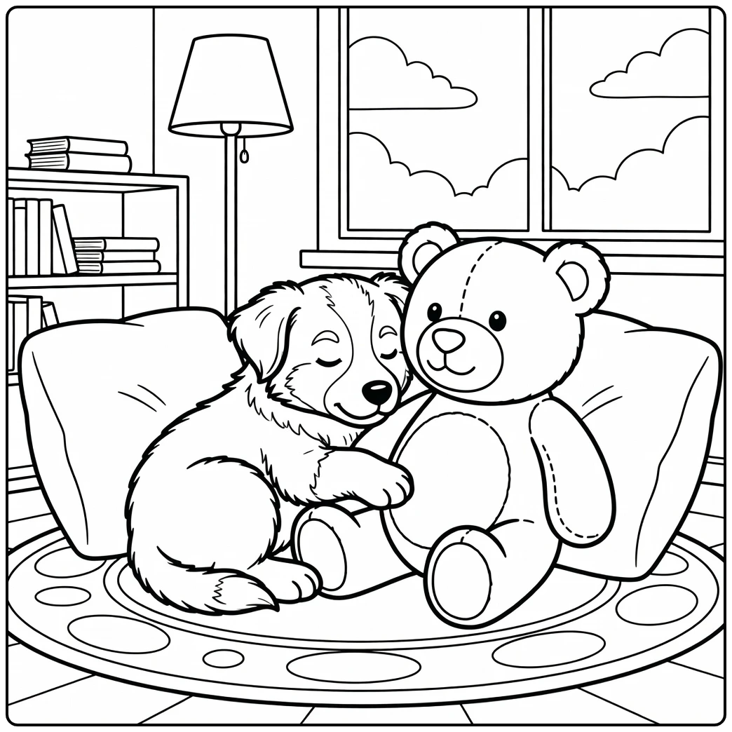 Sleepy cute border collie coloring page puppy on rug with teddy.