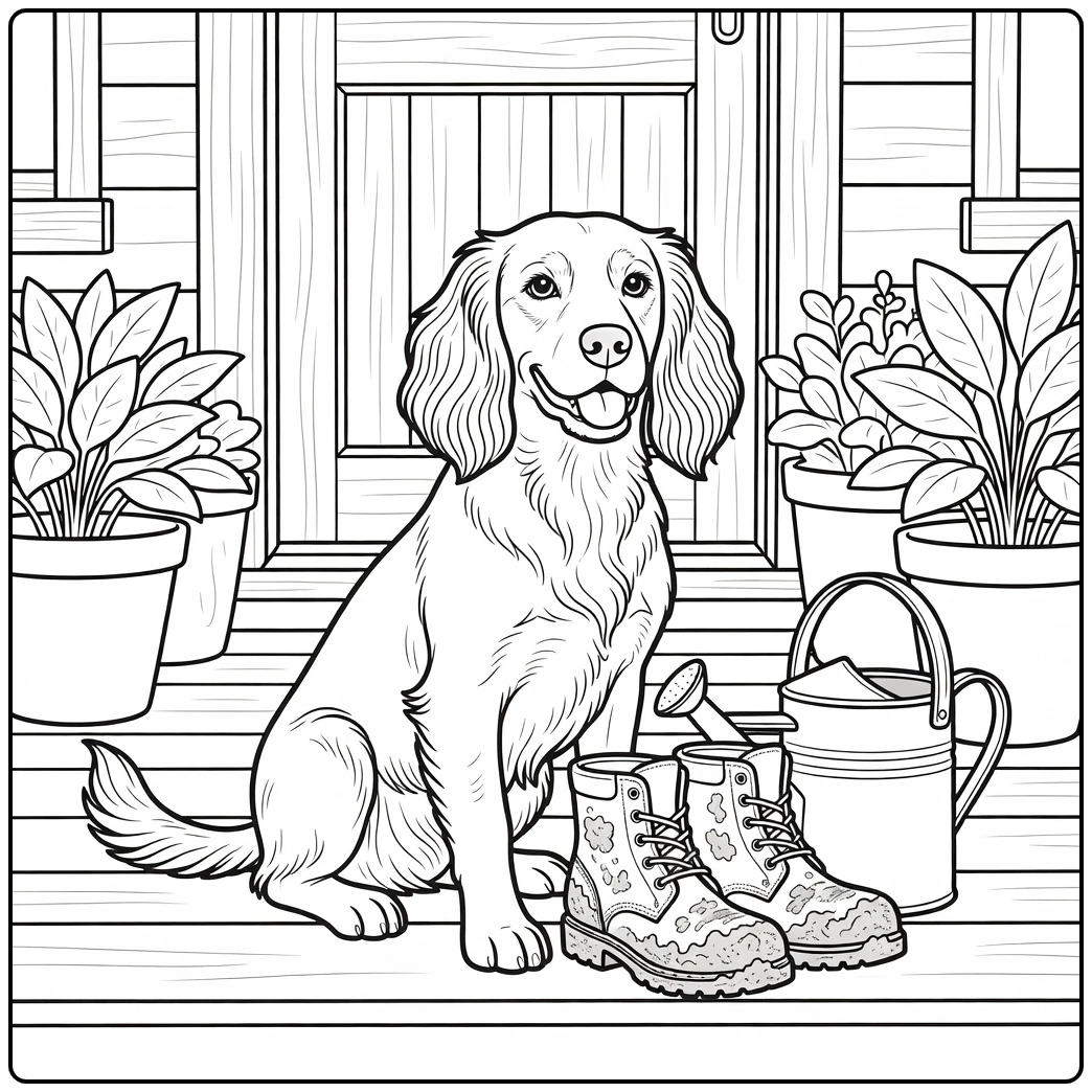 Cheerful springer spaniel coloring page on a farmhouse porch