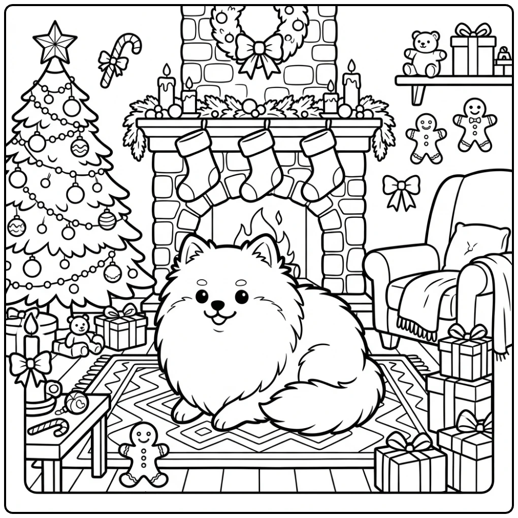Cute puppy scene Christmas Pomeranian coloring page.