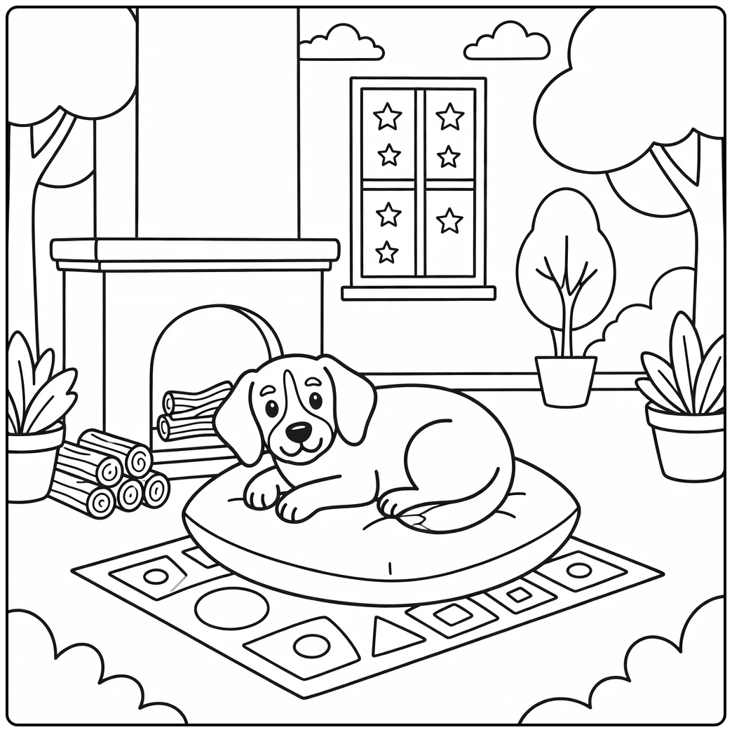 A sleeping pup on a cushion, an easy dog coloring page.