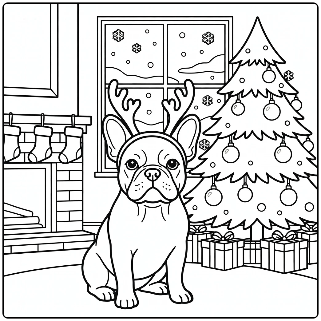 French Bulldog in antlers by tree – a charming christmas dog coloring page.