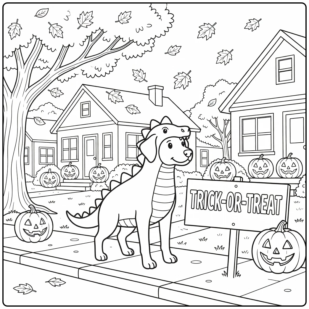 Dinosaur dog's parade: a cozy halloween dog coloring page fun.