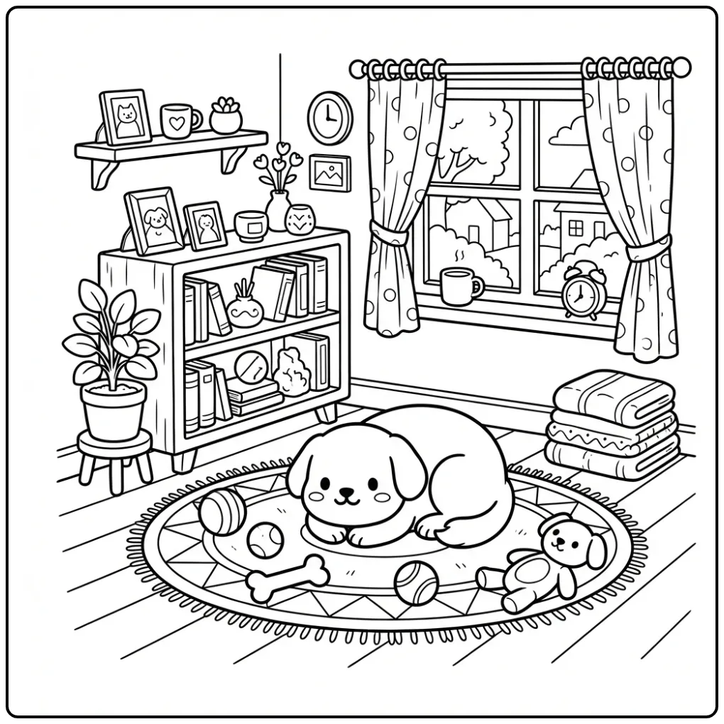Cute Dog coloring page featuring a puppy on a rug with toys.