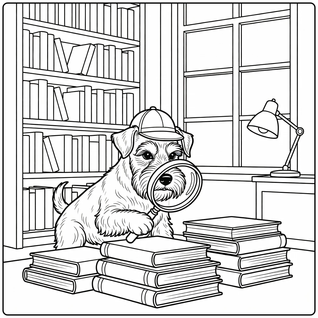 Schnauzer coloring page: Detective dog in a cozy library with books.