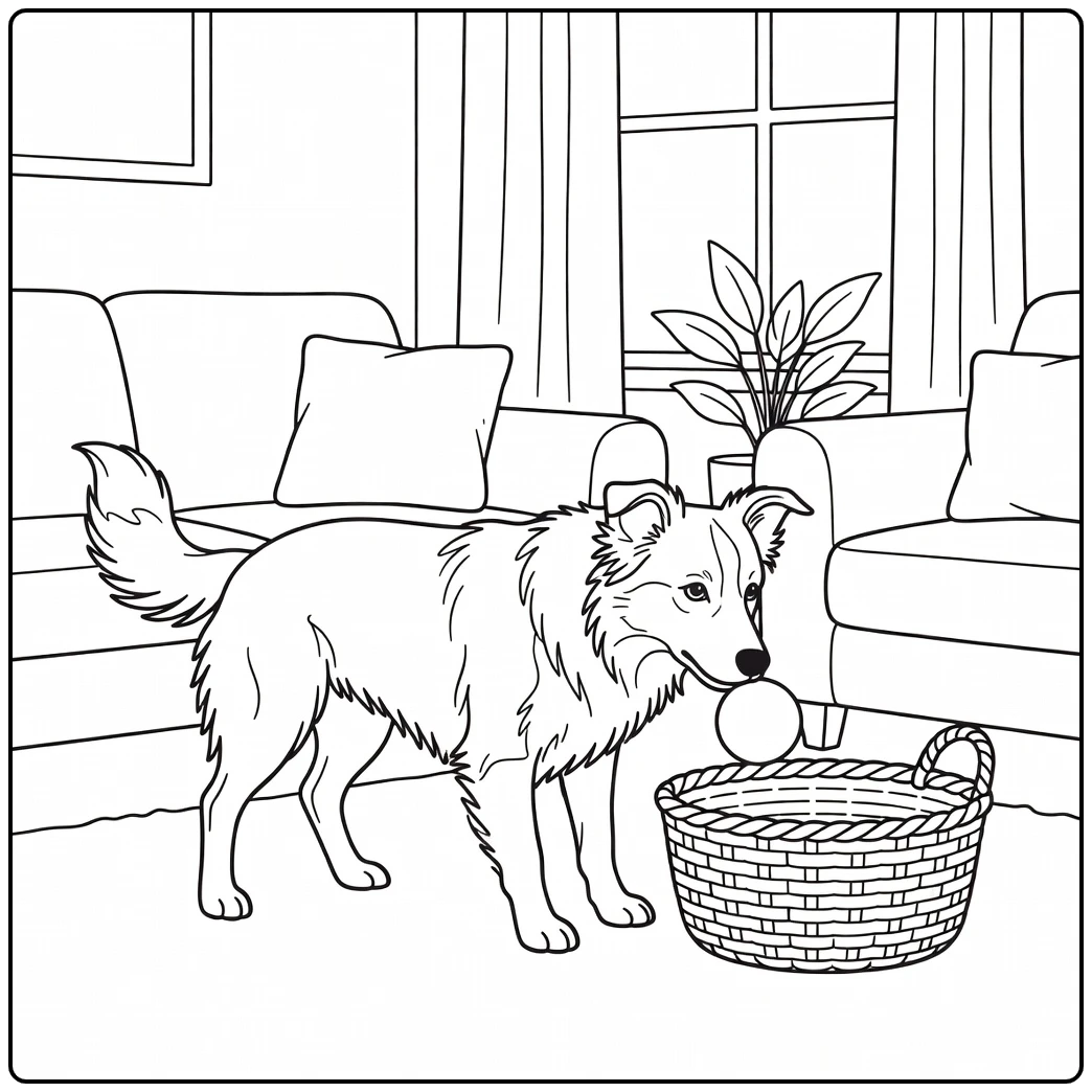 Playful border collie coloring page with dog in a cozy living room