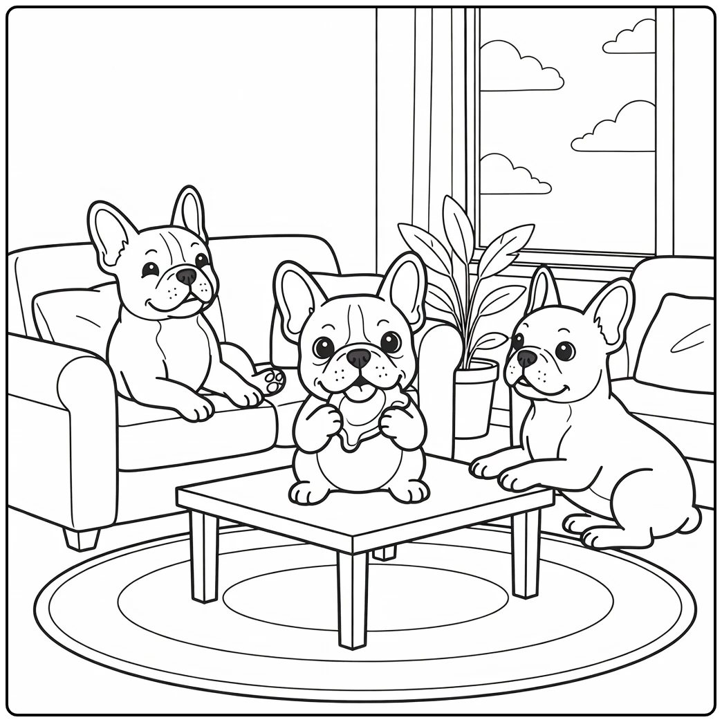 A French Bulldog dog family coloring page in a cozy living room.