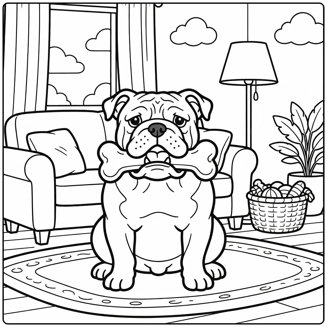 A cute cartoon english bulldog coloring page in a living room.