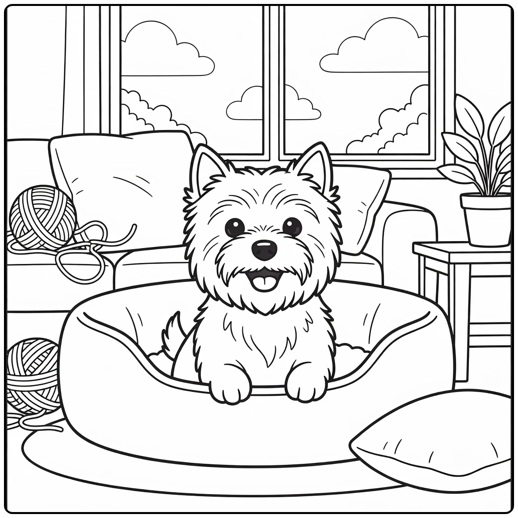 A smiling dog in its bed on a cairn terrier coloring page.