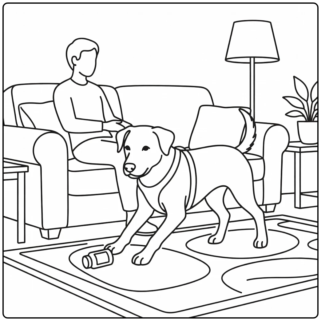 Caring service dog coloring page retrieving medicine for handler.