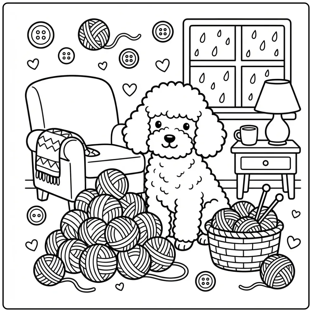 Dog coloring page with a poodle puppy and knitting basket.