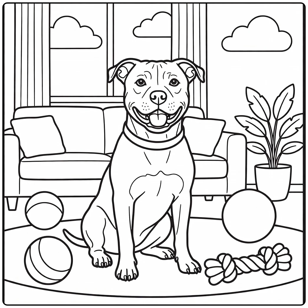 Cheerful staffordshire bull terrier coloring page, cozy living room.