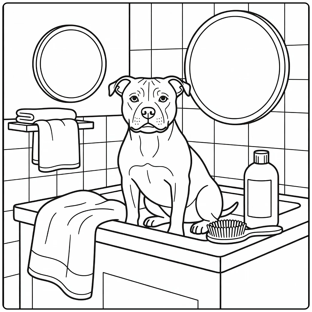 Staffordshire bull terrier coloring page of dog at grooming station.