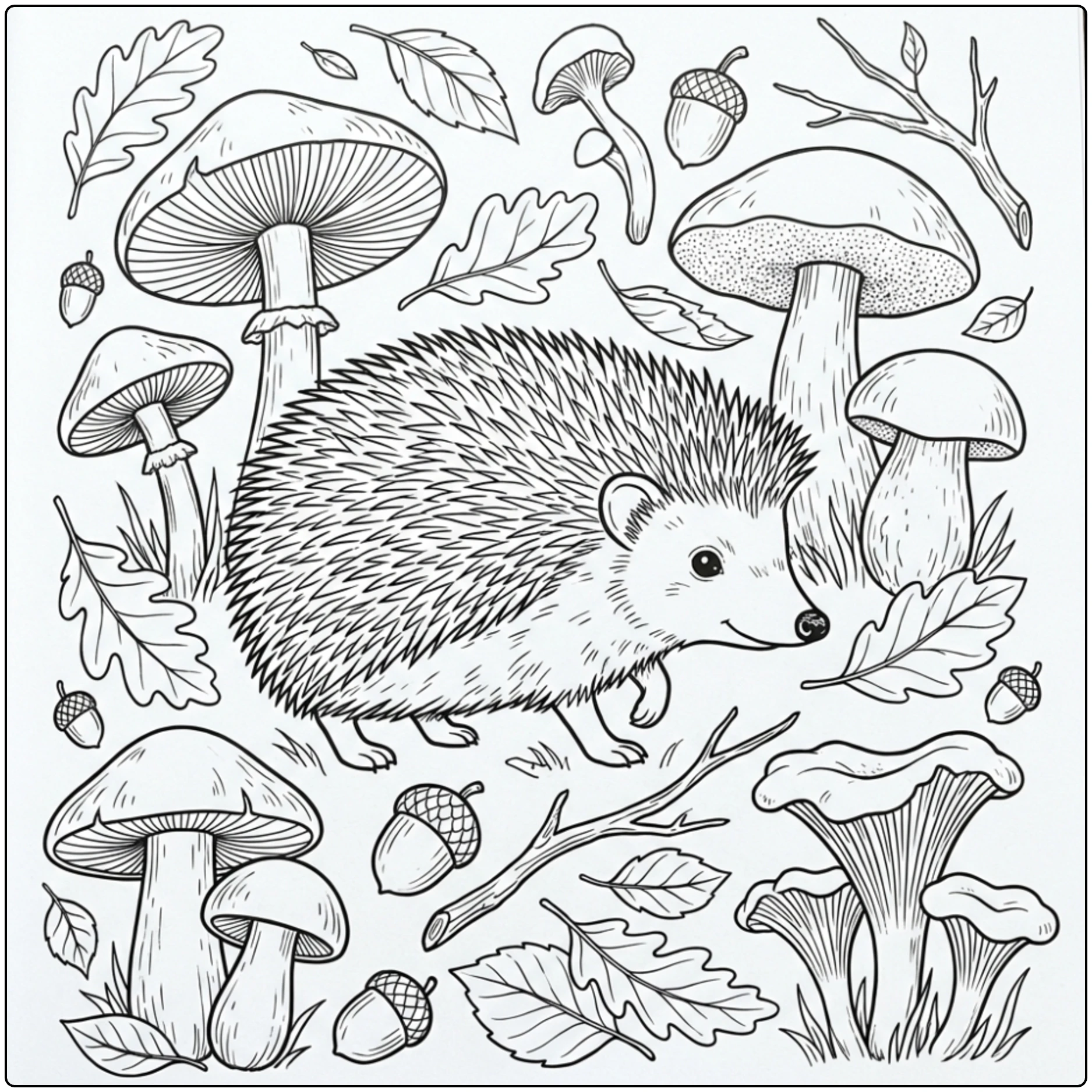 Animal coloring page with a hedgehog and mushrooms.