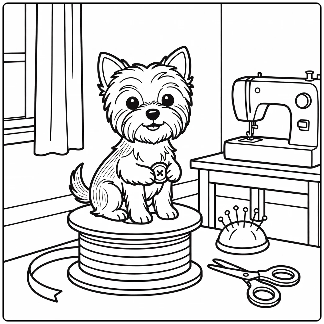 A Yorkie in a craft room, a cute dog coloring page.
