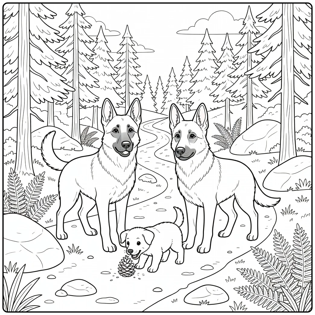 A watchful German Shepherd dog family coloring page in a forest.