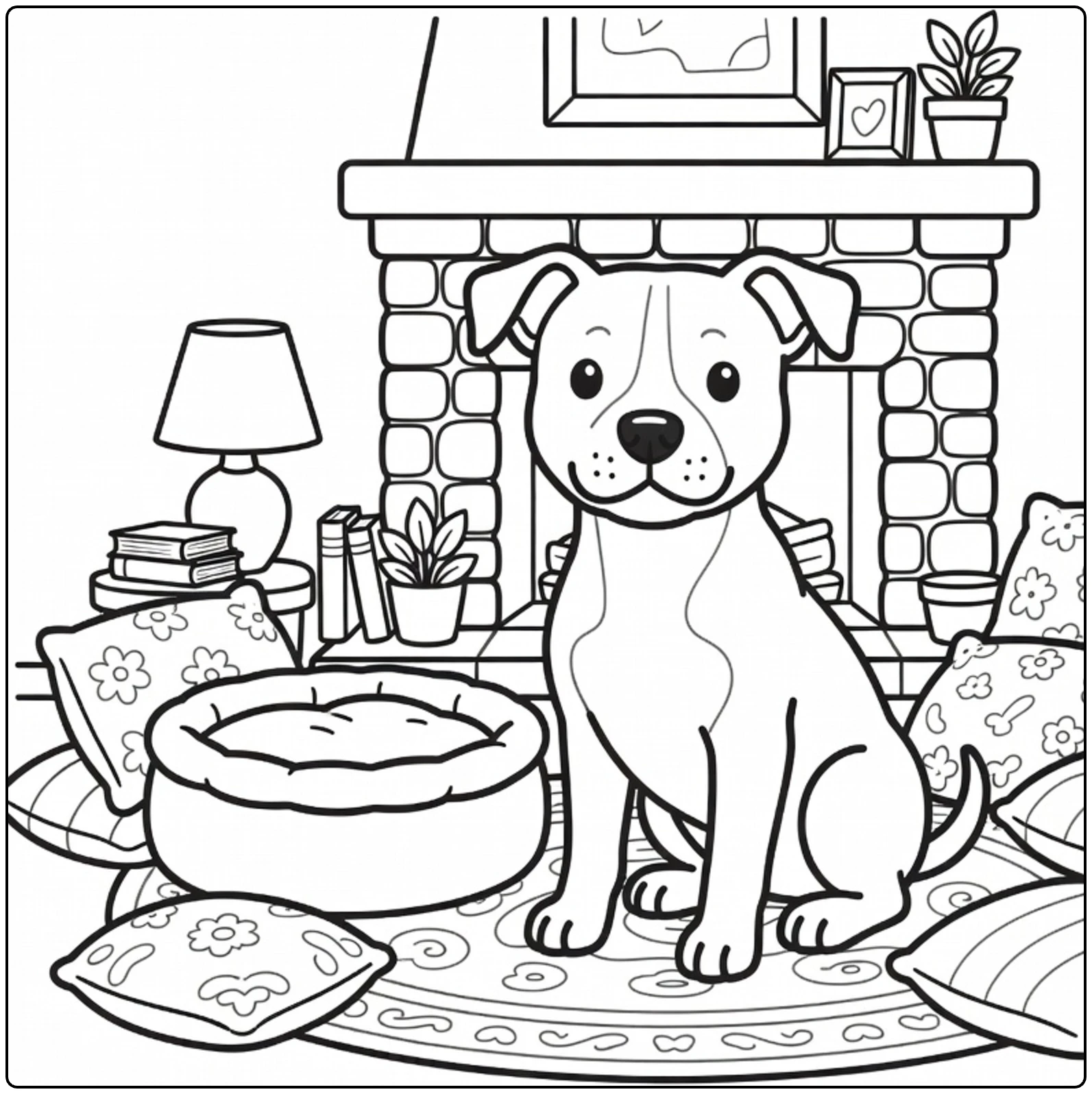 Cozy American Staffordshire Terrier coloring page by the fire.