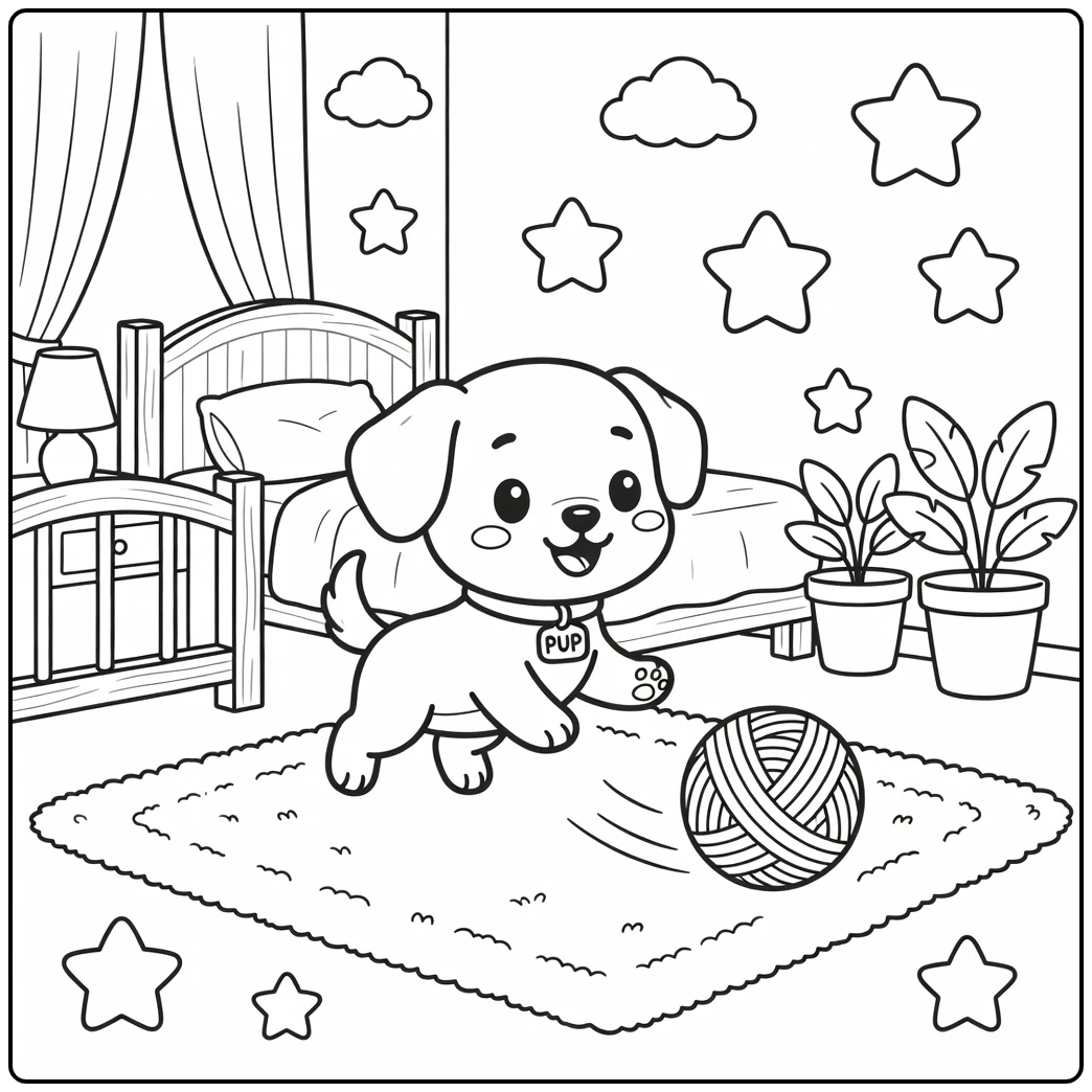 A playful puppy on a fun chibi dog coloring page, chasing yarn.