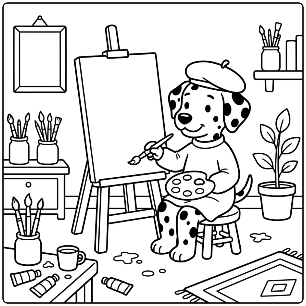 Dog coloring page of a Dalmatian artist painting.