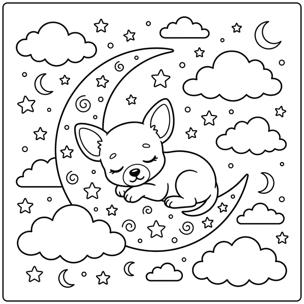 Printable Baby Chihuahua coloring page: pup sleeping on a moon.