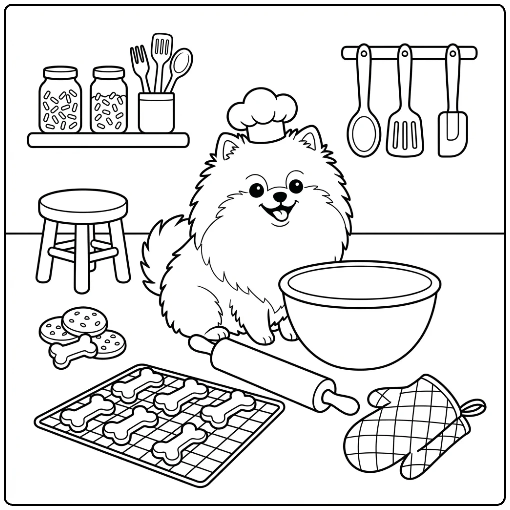 Chef dog baking scene on a Pomeranian coloring page.