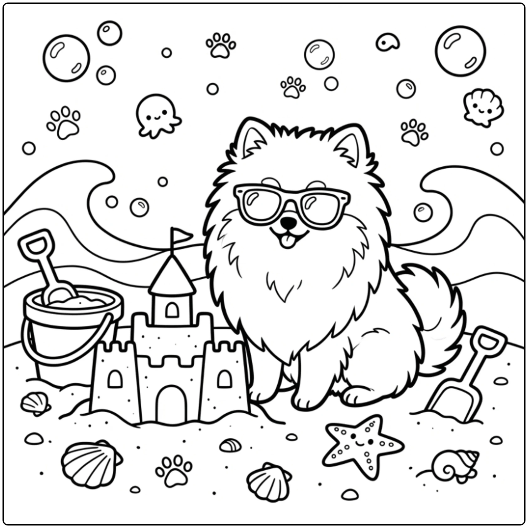 Pomeranian coloring page with sunglasses and sandcastle.