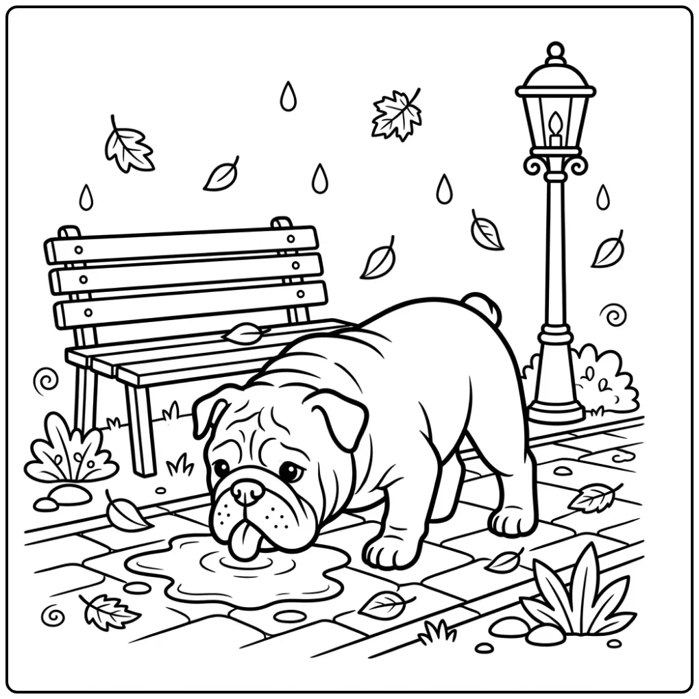 Dog coloring page of a bulldog drinking from a park puddle.