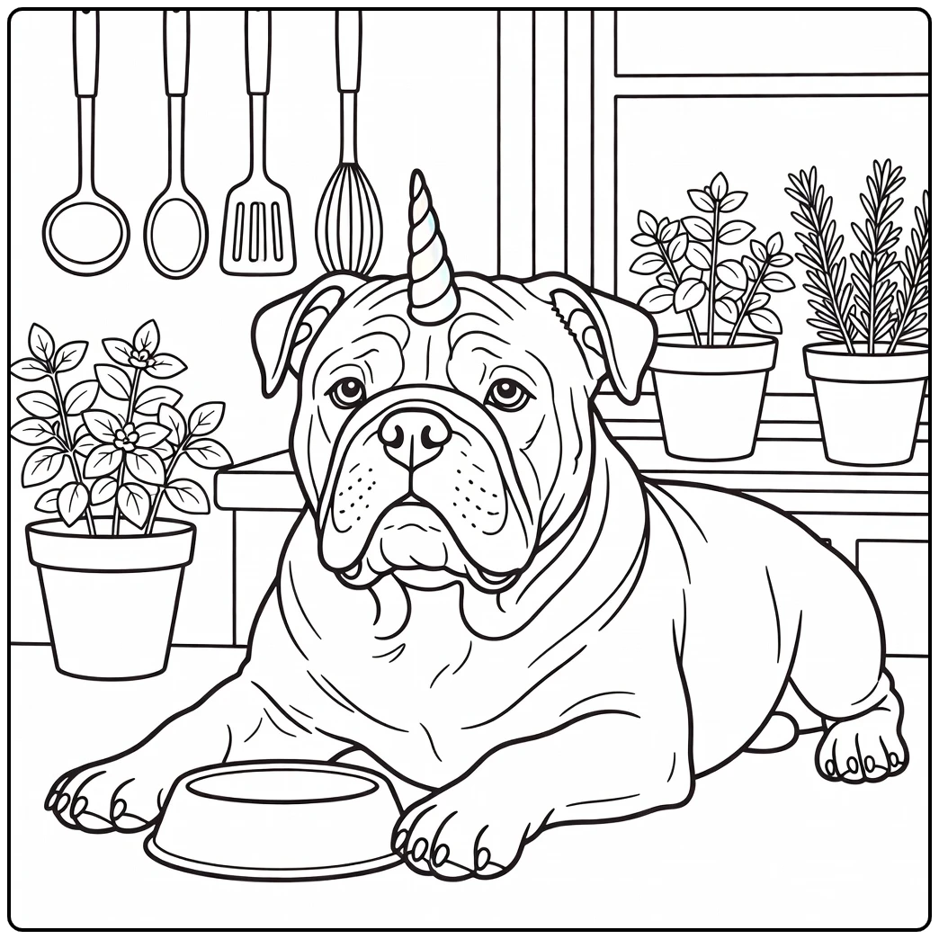 A sturdy Bulldog unicorn dog coloring page in a cozy kitchen.