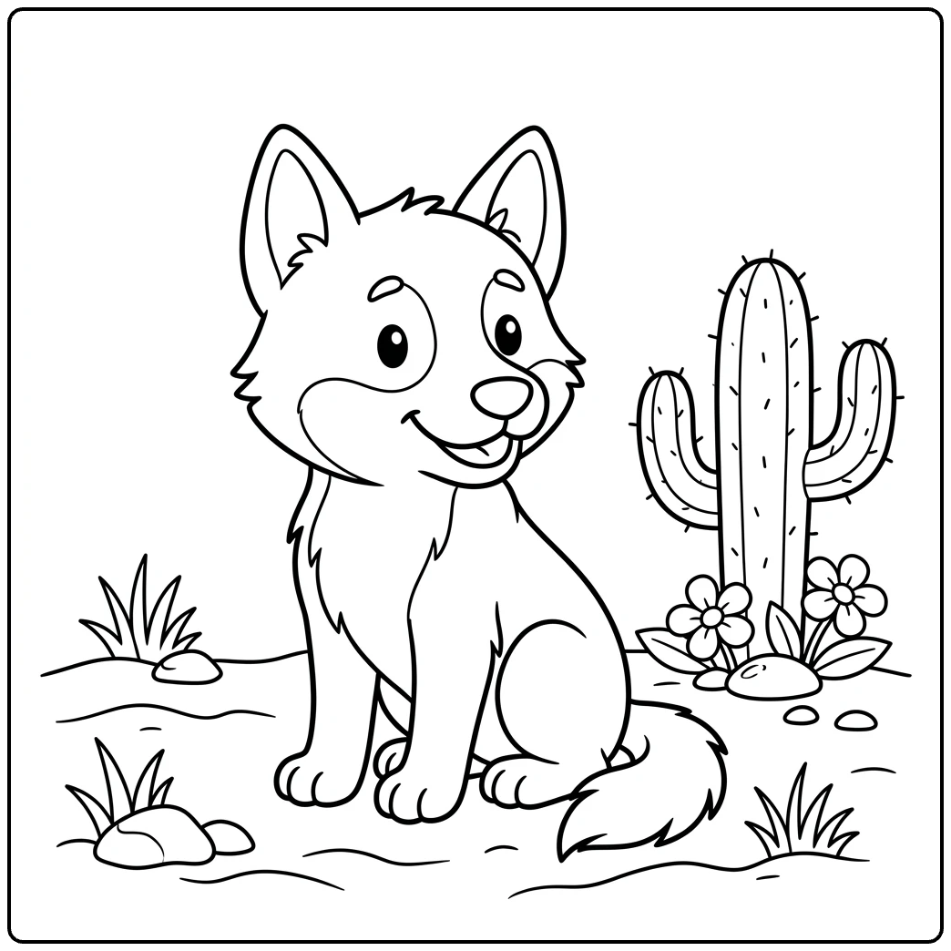 Happy dingo puppy drawing for a fun Dingo coloring page activity.