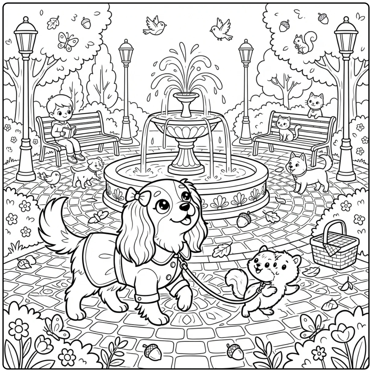 Park Cavalier King Charles Spaniel coloring page on a walk.