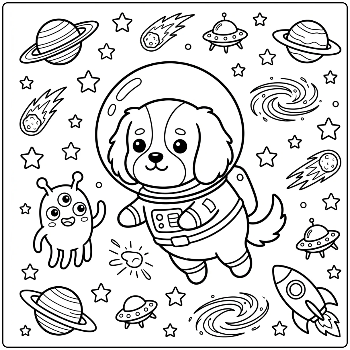 Space Cavalier King Charles Spaniel coloring page for kids