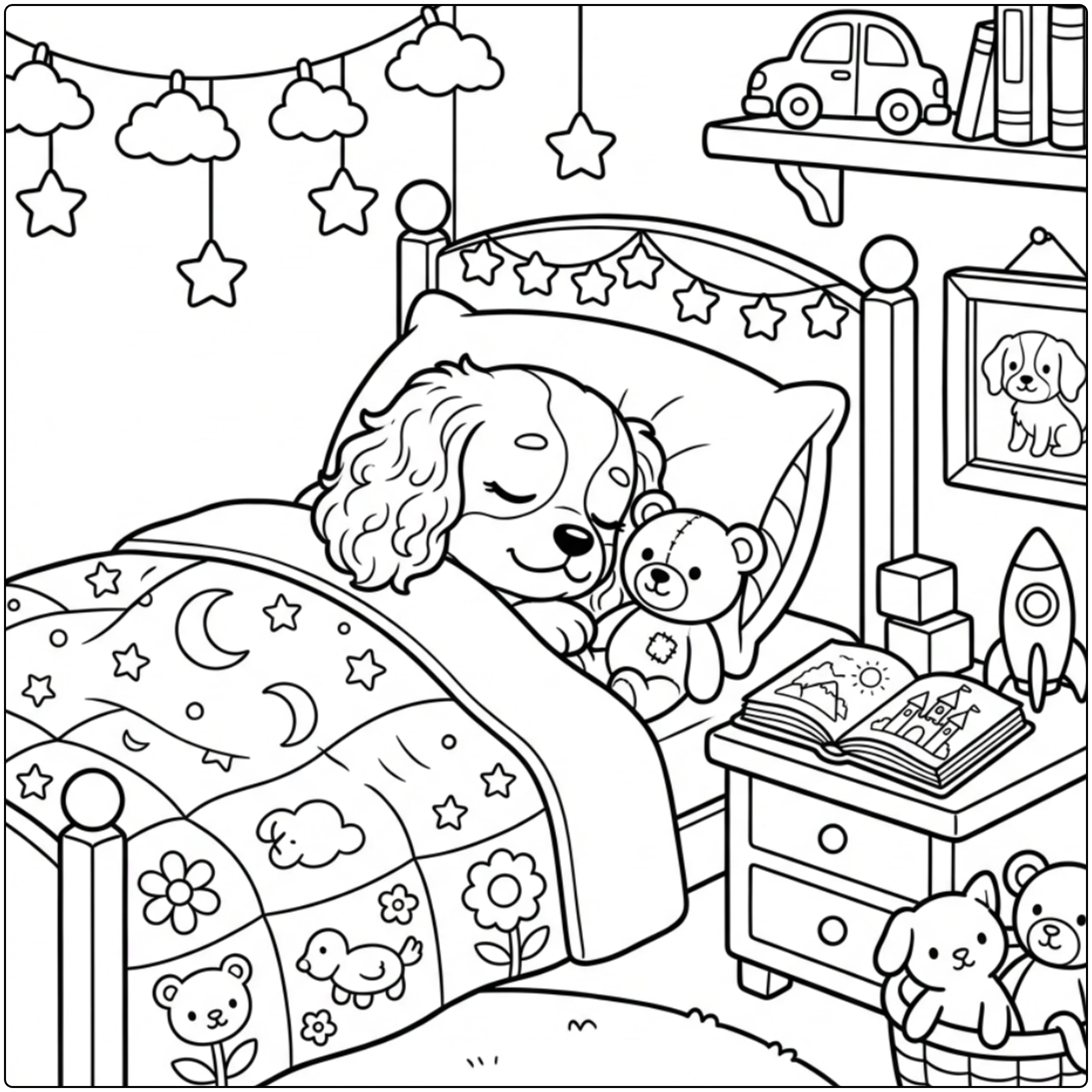Sleeping Cavalier King Charles Spaniel coloring page in bed.