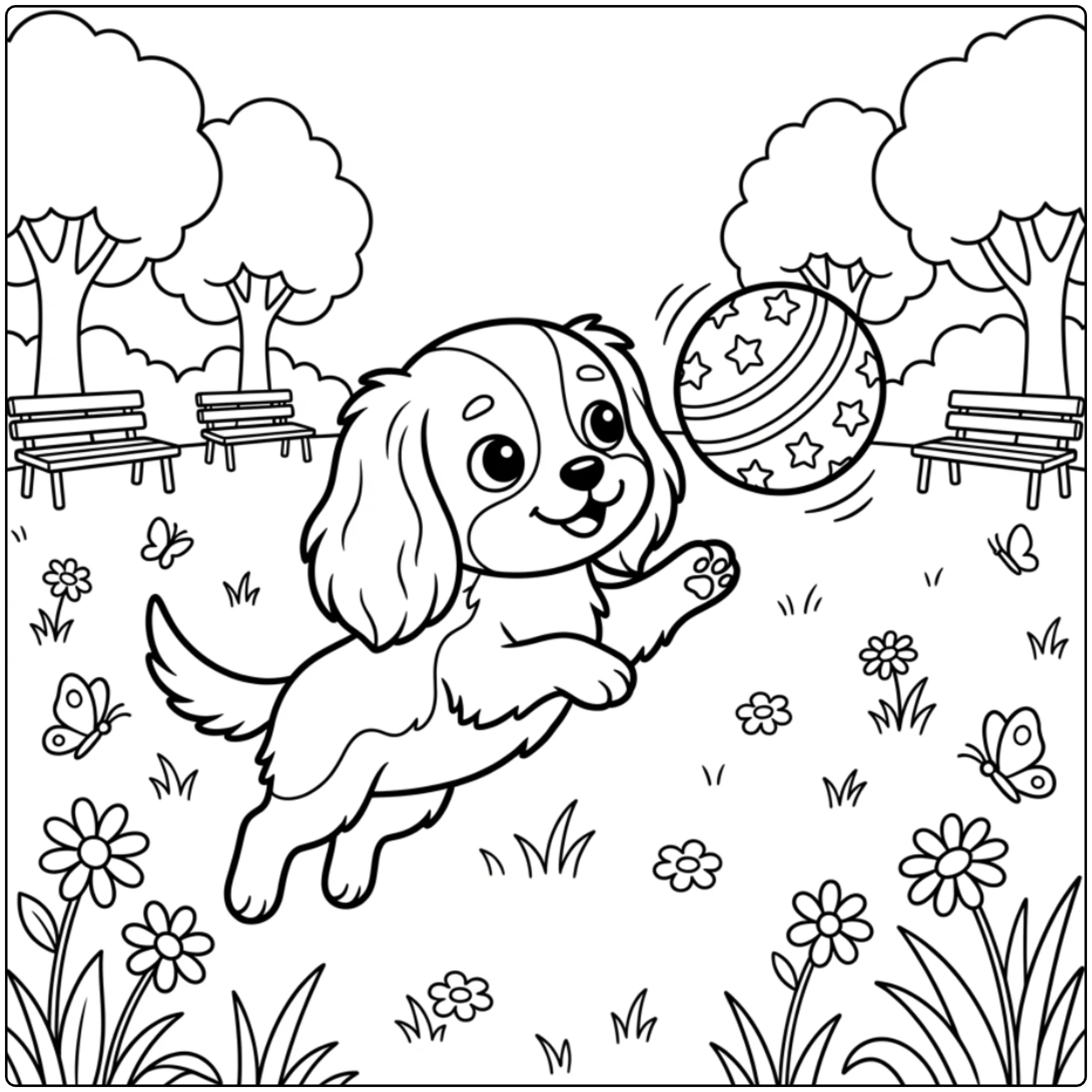Playful Cavalier King Charles Spaniel Puppy Coloring Page.