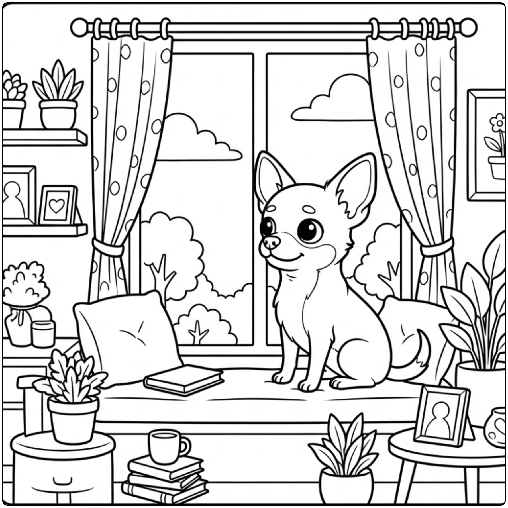 Calm Chihuahua coloring page looking out a window at clouds.