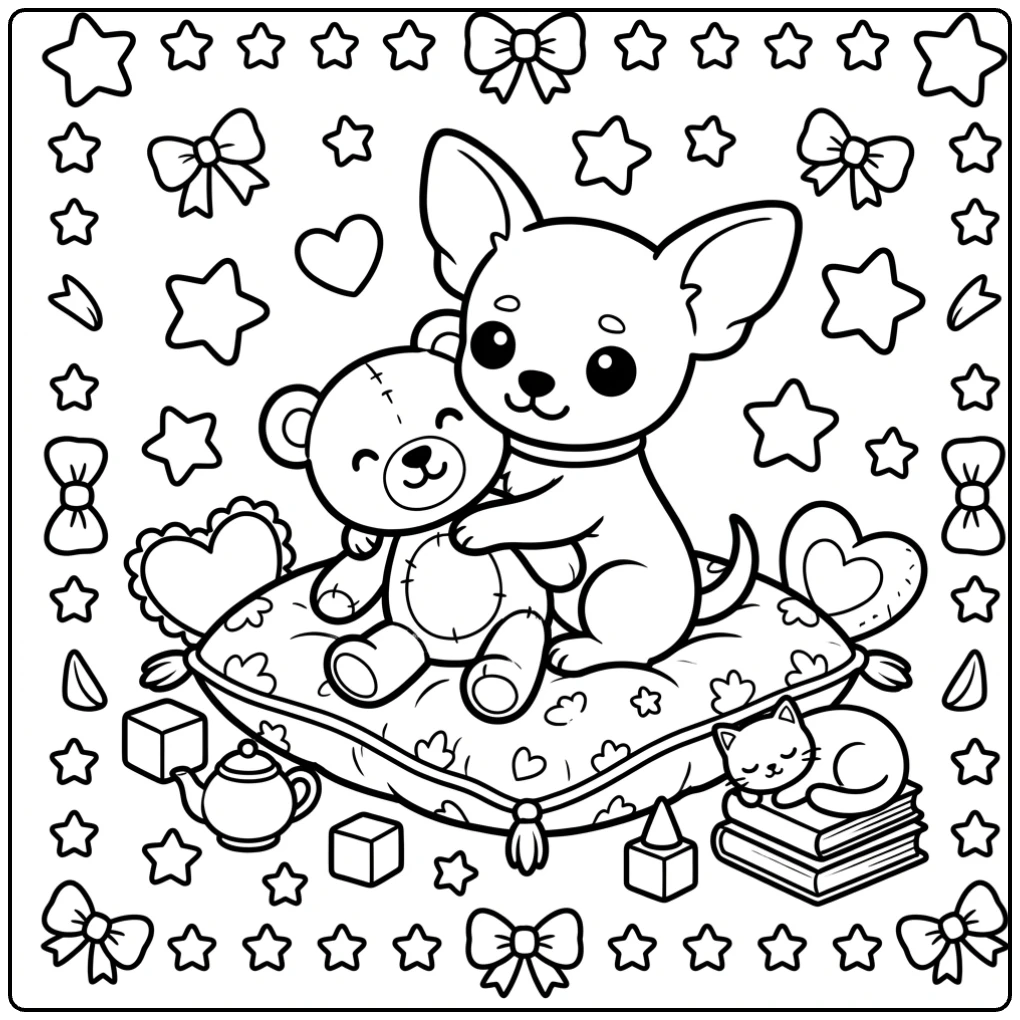 Cute Chihuahua coloring page with a teddy bear, cat, and toys.