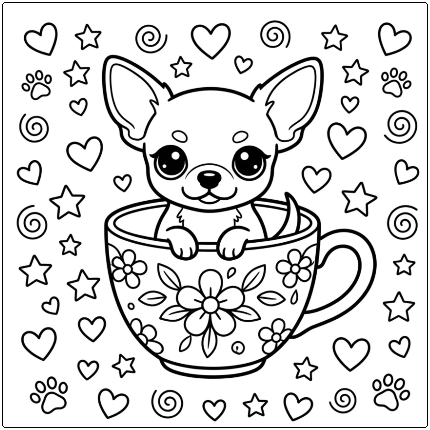 Cute Chihuahua coloring page showing a puppy in a patterned teacup.