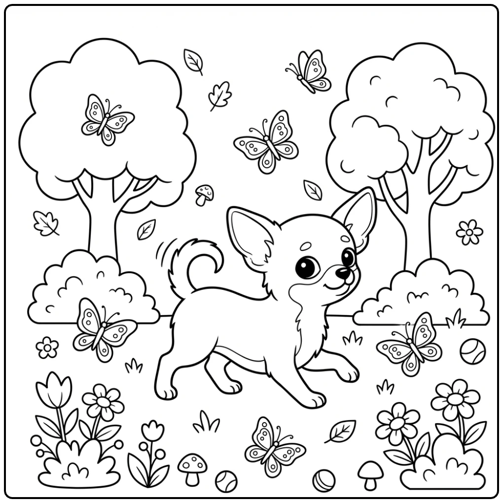 Printable Chihuahua Puppy coloring page in a park setting.