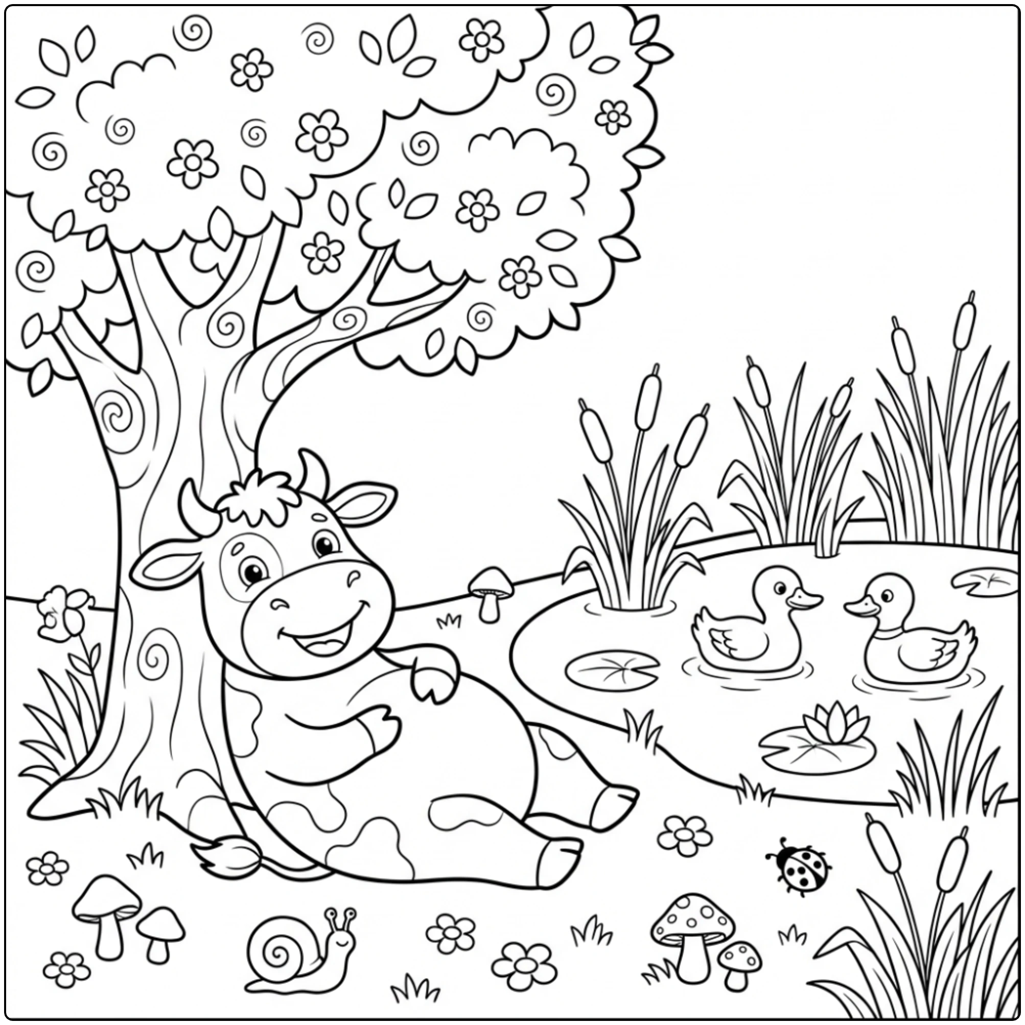 Cheerful Cow coloring page relaxing by a pond with ducks.