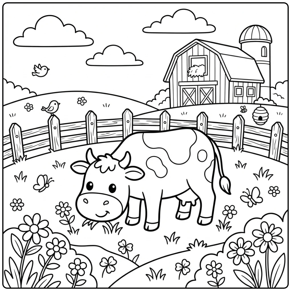 Friendly cow grazing in a pasture - a delightful Farm Animal coloring page