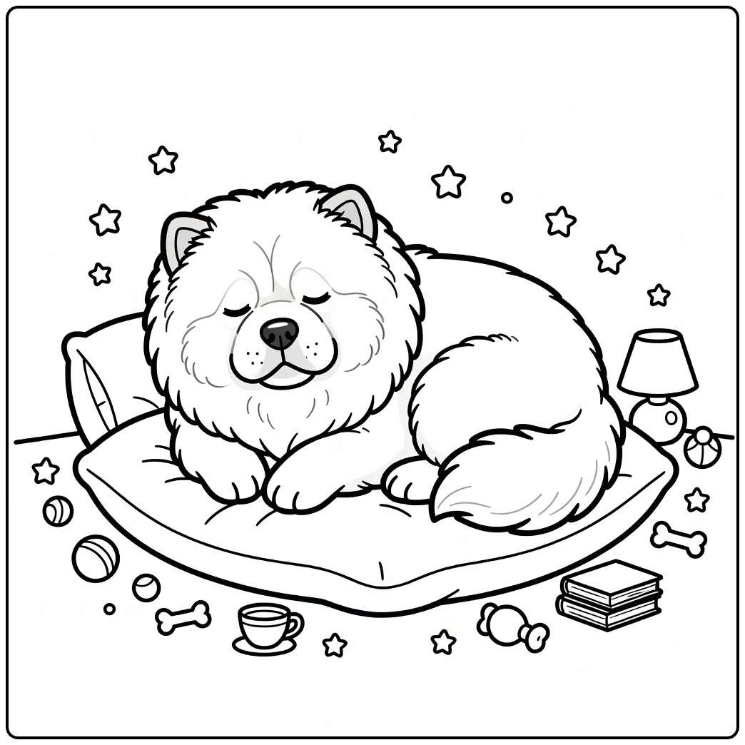 Sleepy Chow Chow coloring page with toys and a cozy cushion.