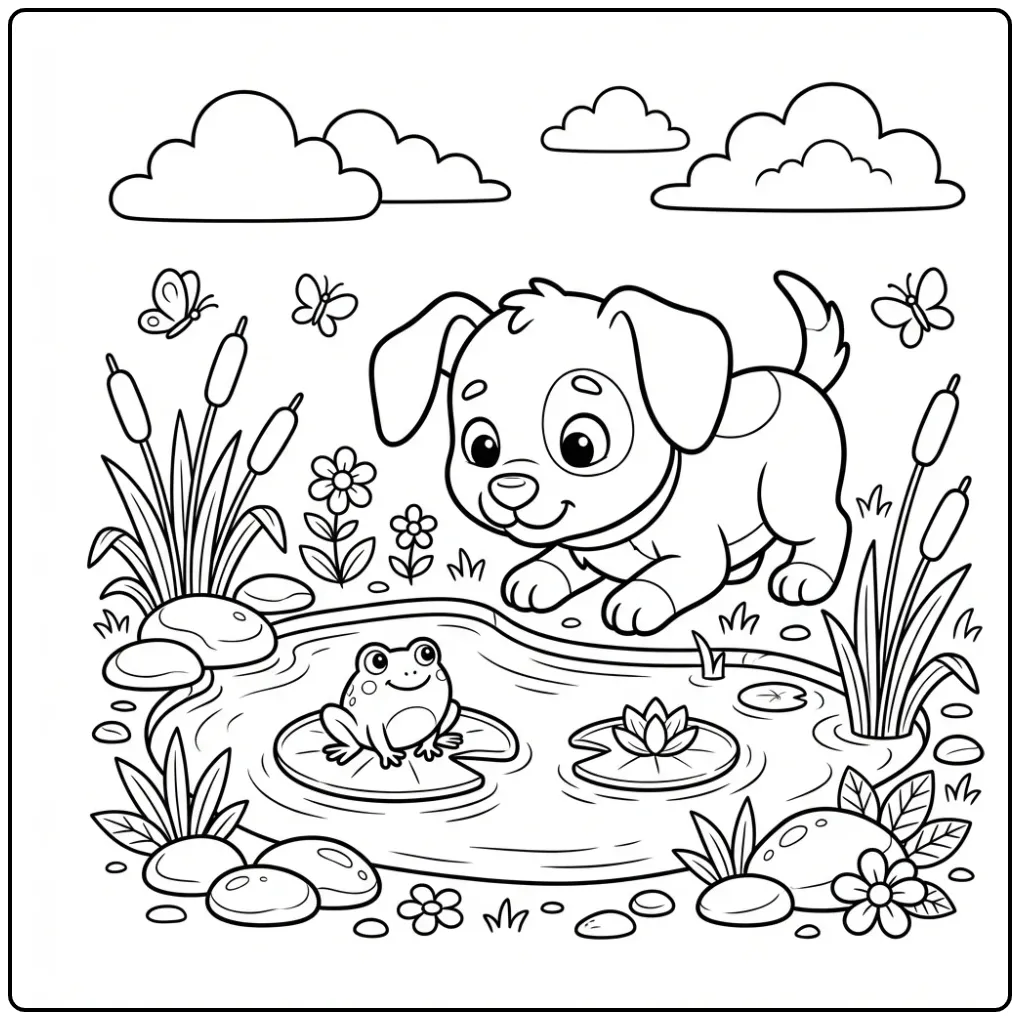 Dog coloring page featuring a curious puppy watching a frog.