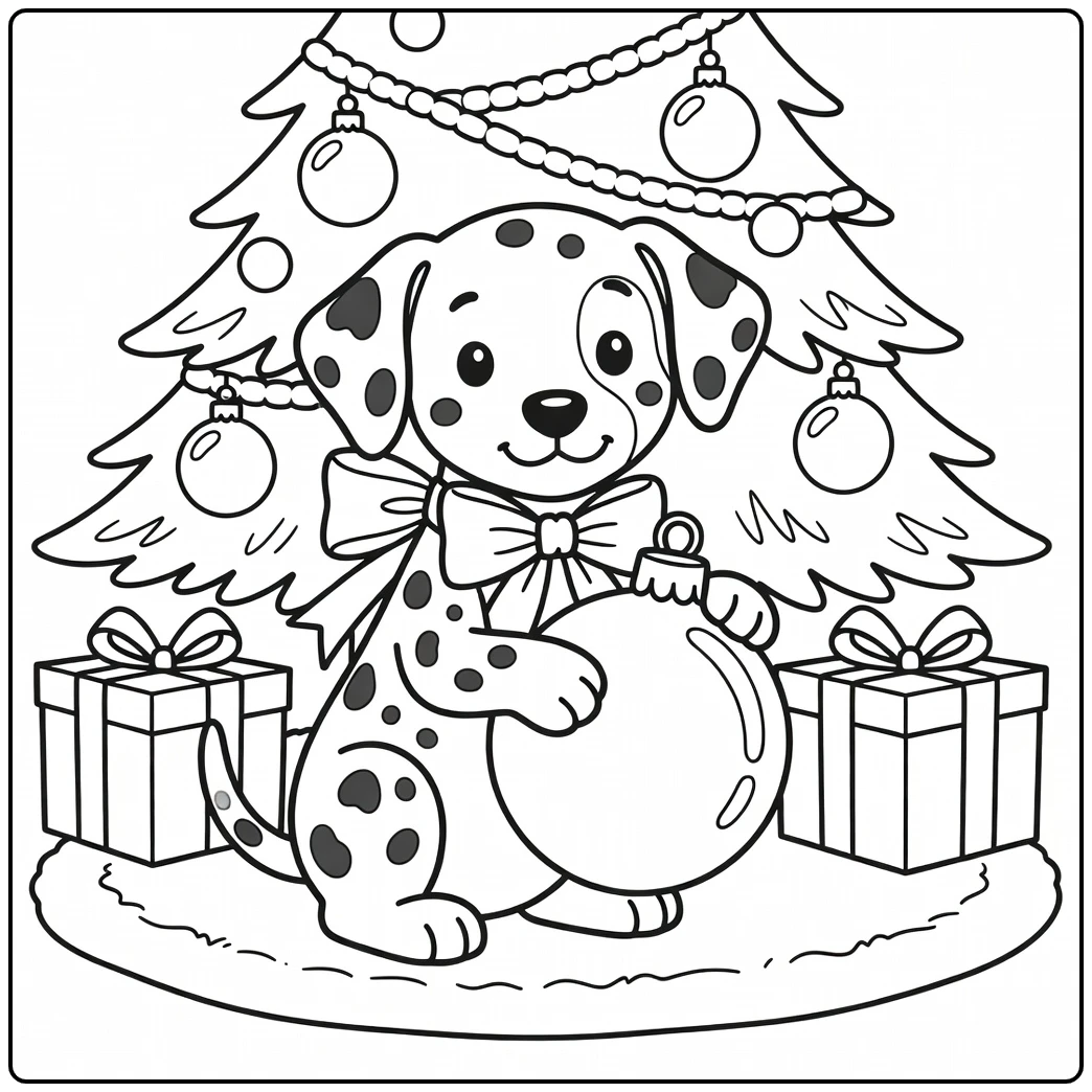 Kawaii Dalmatian puppy, big bow, hugging ornament, christmas dog coloring page.
