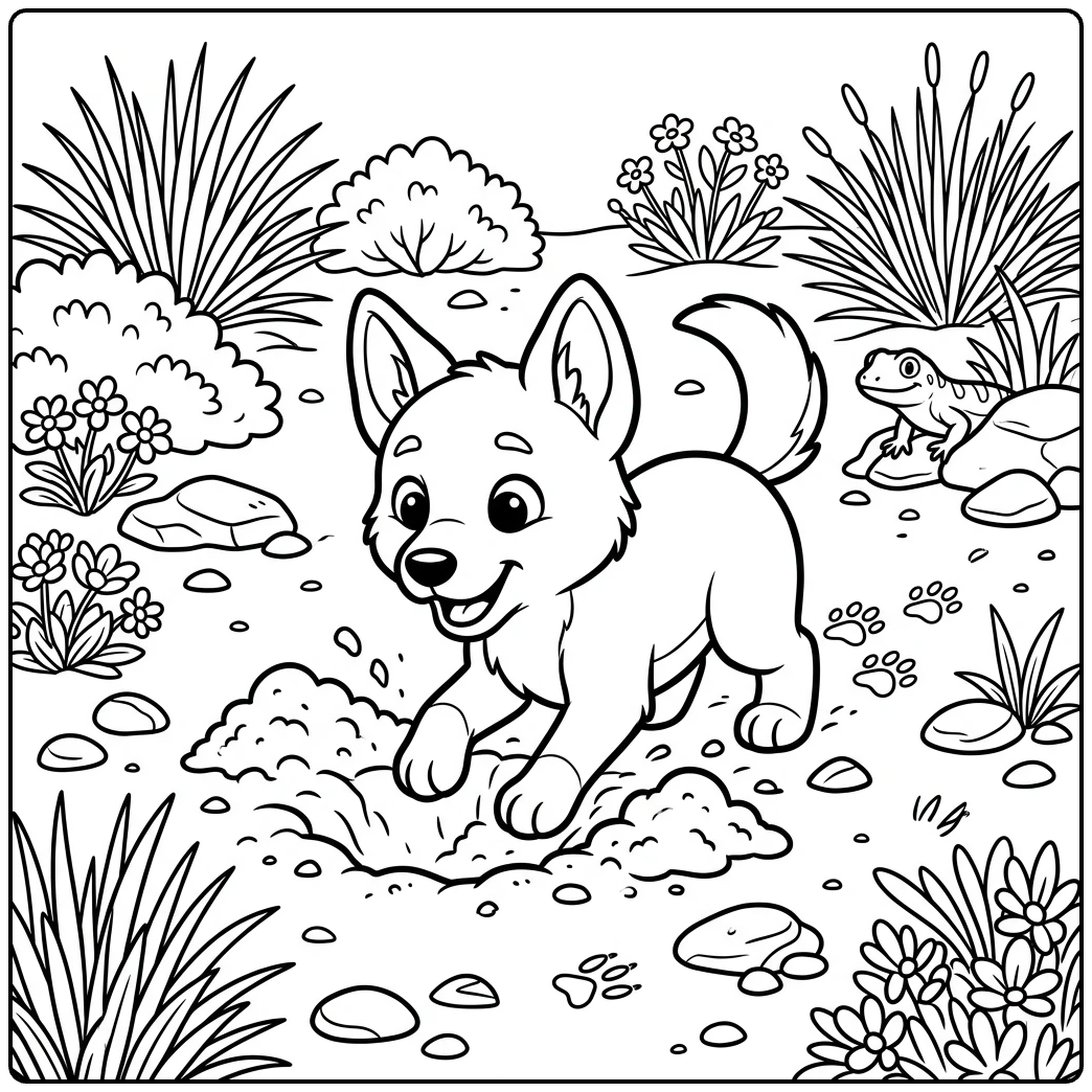 Playful dingo pup digging in the sand, a charming Dingo coloring page.