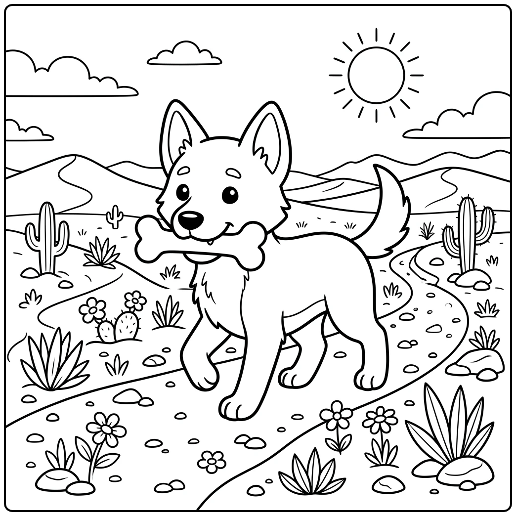 Friendly Dingo coloring page: pup with bone on desert path.