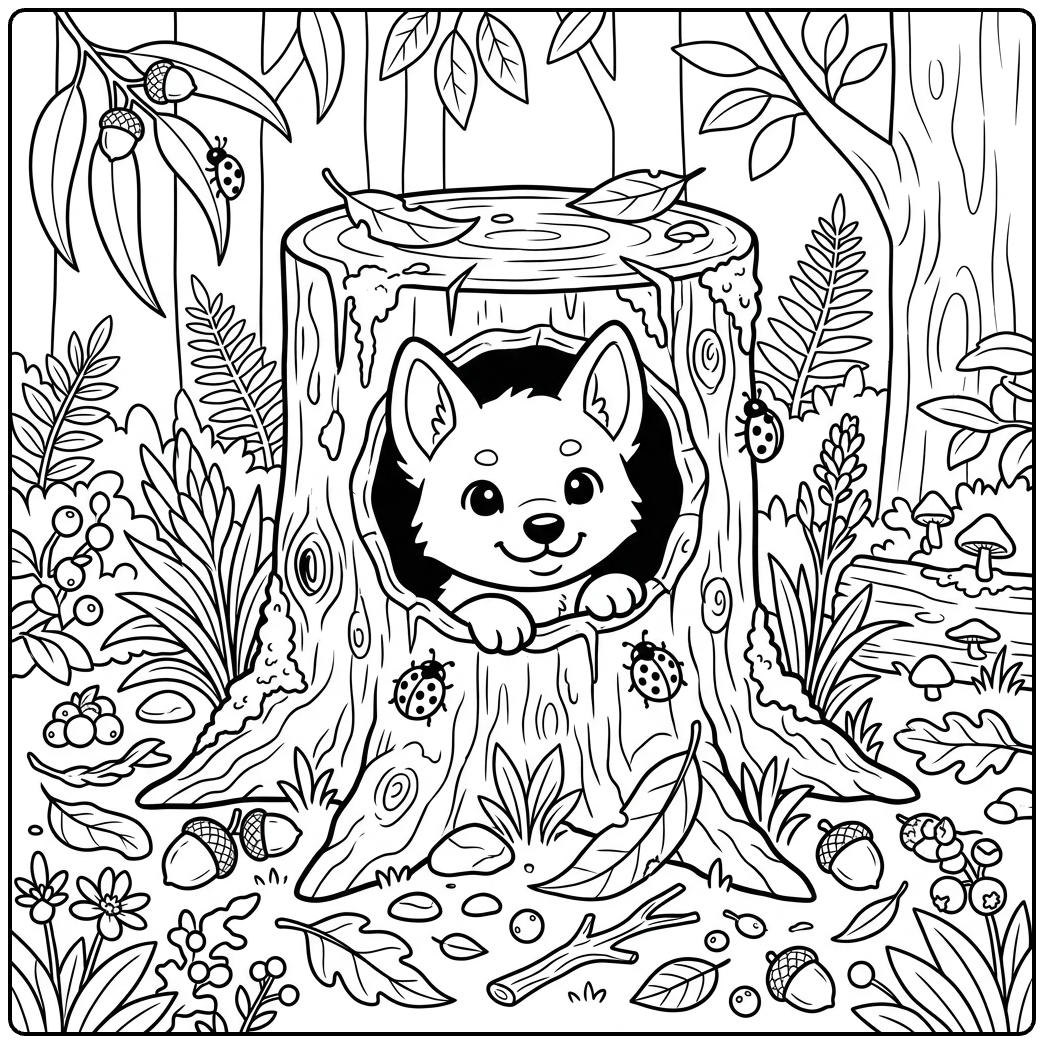 Kawaii dingo pup peeking from stump, an adorable Dingo coloring page.