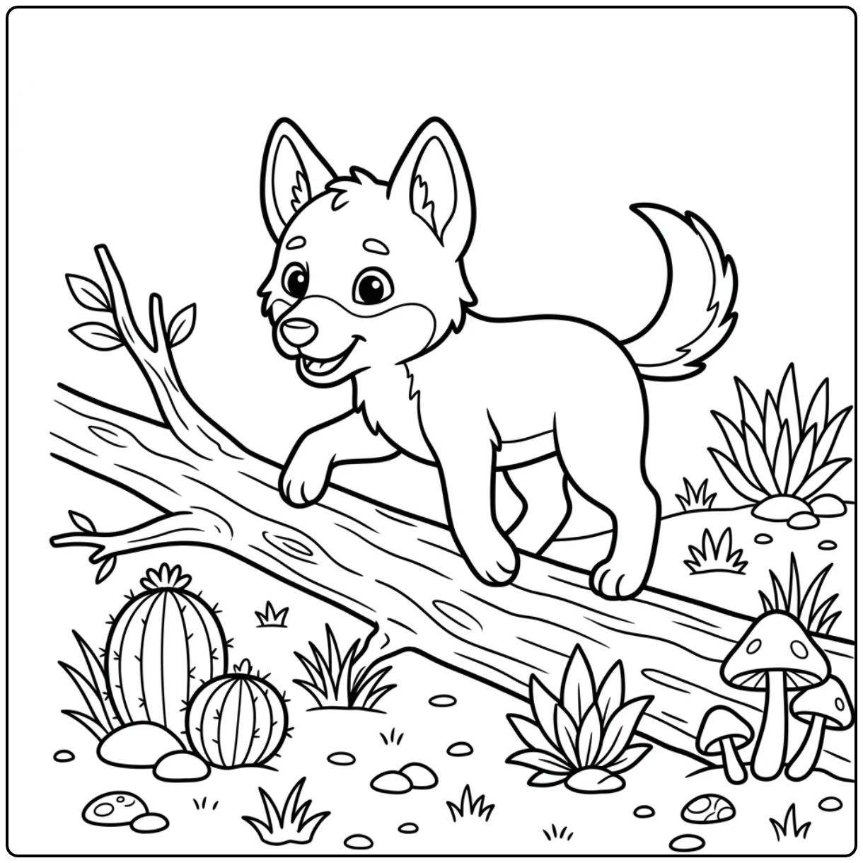 Playful dingo pup on a branch, a charming Dingo coloring page.