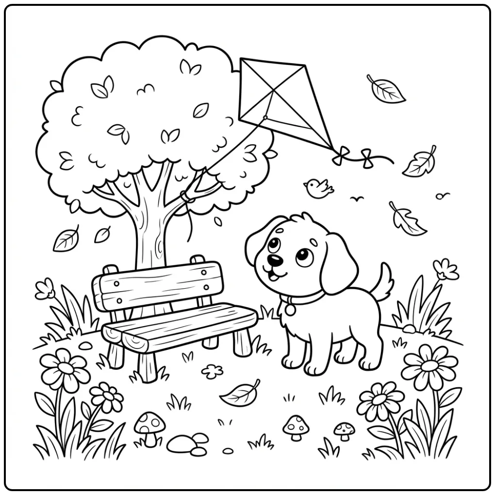 Printable Dog coloring page of a puppy watching a kite